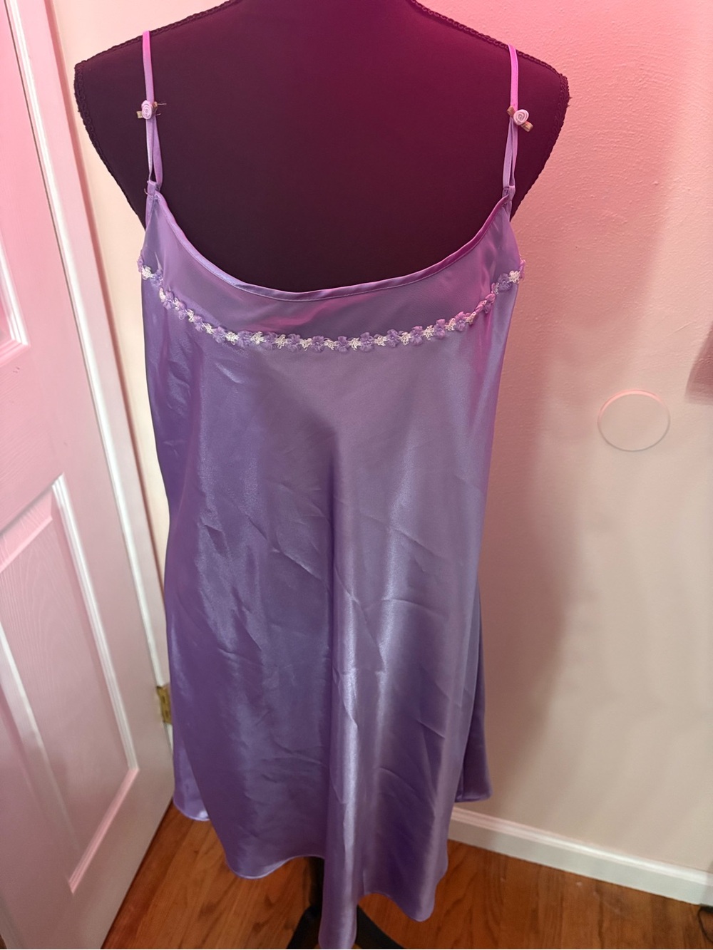 California Dynasty Lavender Slip Nightdress with Floral Trim